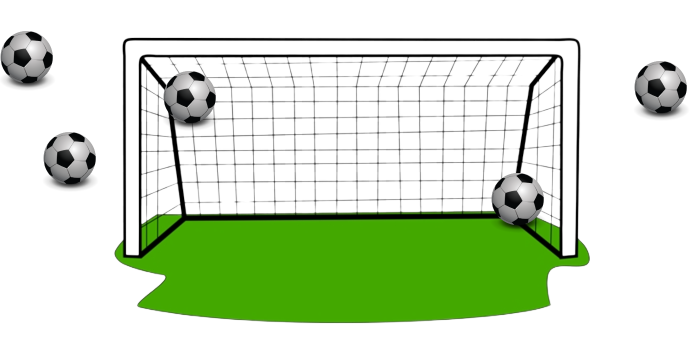 soccer goal with 5 balls randomly placed outside and inside the goal (indicating shot location)