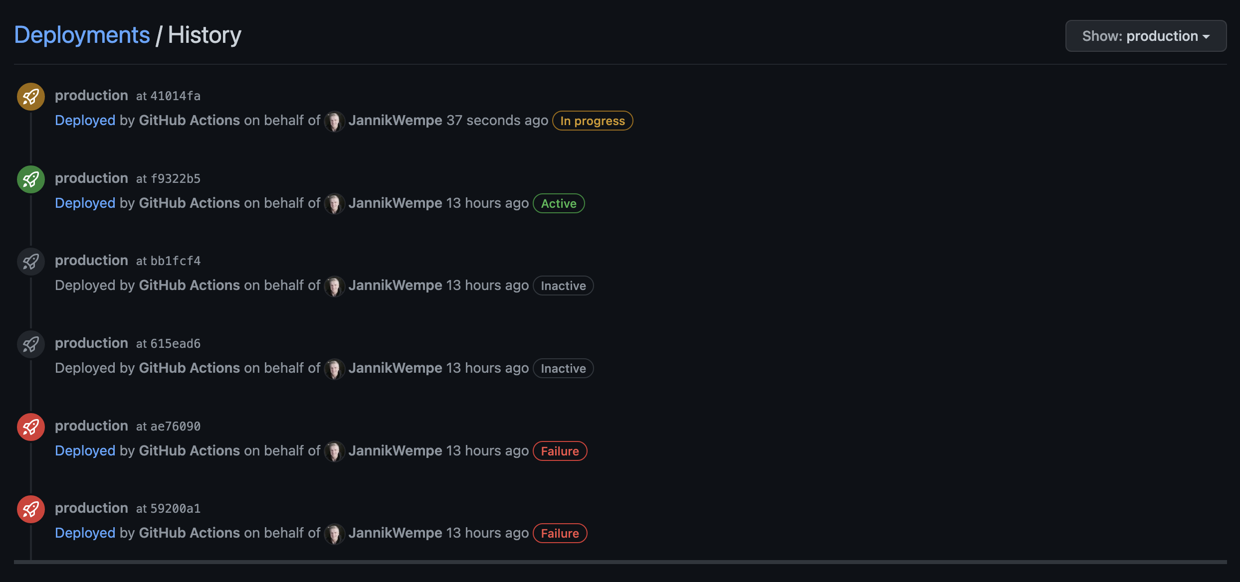 The deployment history for the production environment in the GitHub UI.