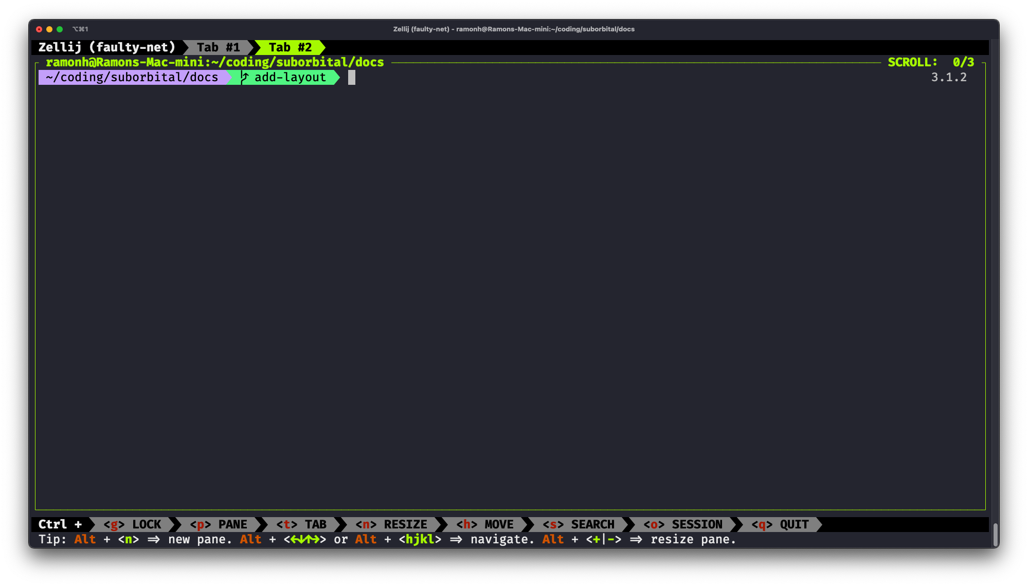 Screenshot of iTerm showing Zellij running with a tab bar at the top, the middle terminal pane, and the bottom state and shortcuts bar.