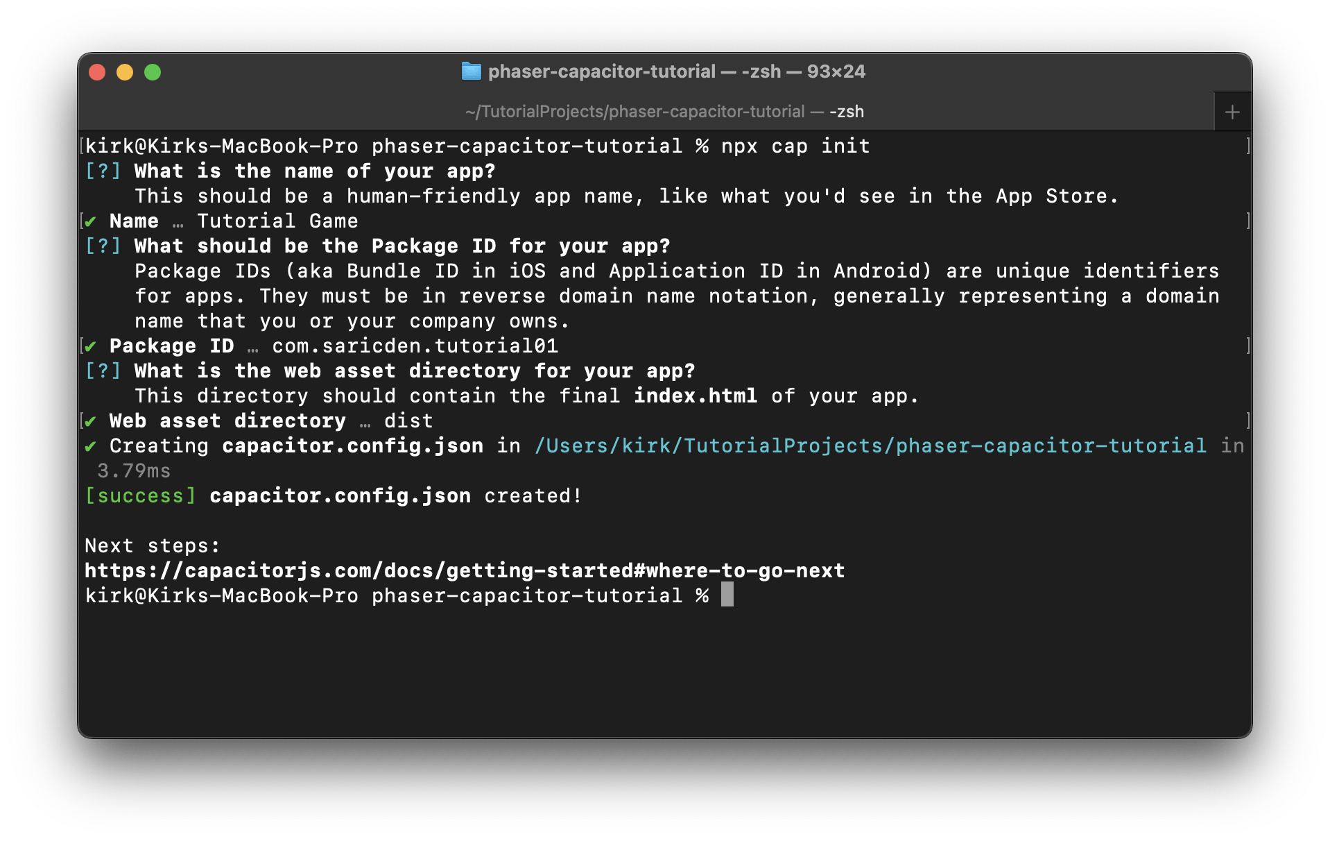 The terminal output of the npx cap init command.