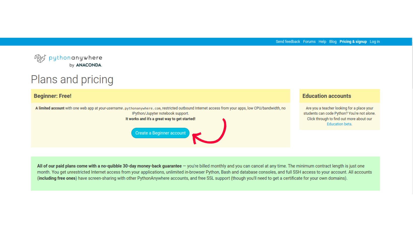 Screenshot of plans and pricing page on python anywhere