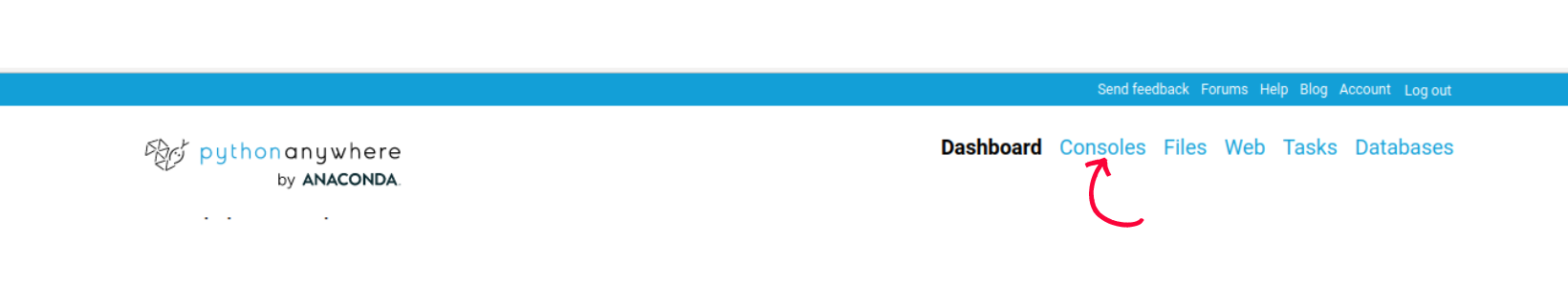 Screenshot of consoles nav link on python anywhere