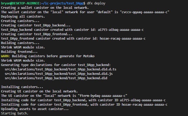 vscode terminal showing deploying of a canister smart contract on the local ICP replica network.