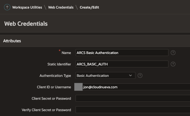 Oracle ARCS APEX Basic Authentication Web Credential 