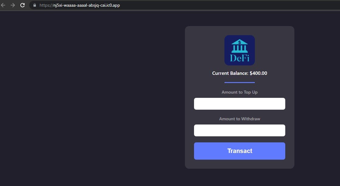 Deployed version of the Defi DApp on ICP network viewed on a browser.