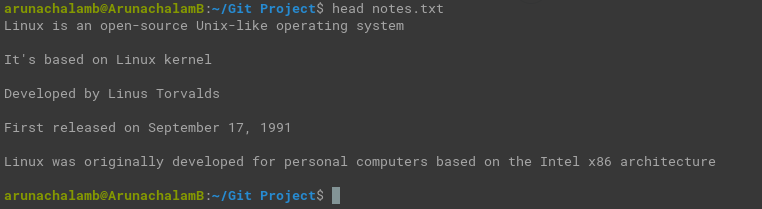 The output of head command displaying top few lines of notes file