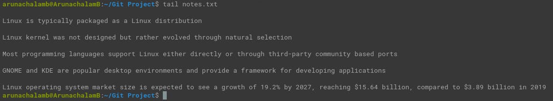 The output of tail command displaying last few lines of notes file