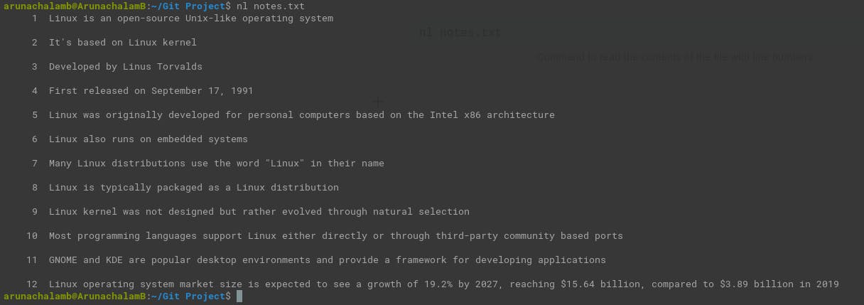 nl command shows the contents of the file with line numbers