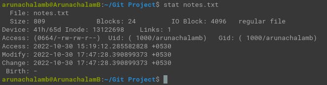 stat command displays the properties of the file