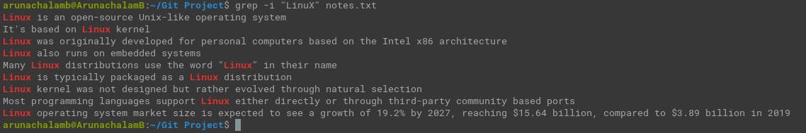 grep command displays lines containing Linux from notes.txt file