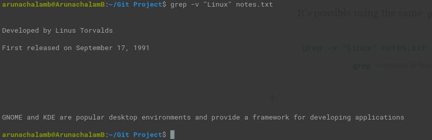 grep -v command displays lines not containing the word Linux from the notes.txt file