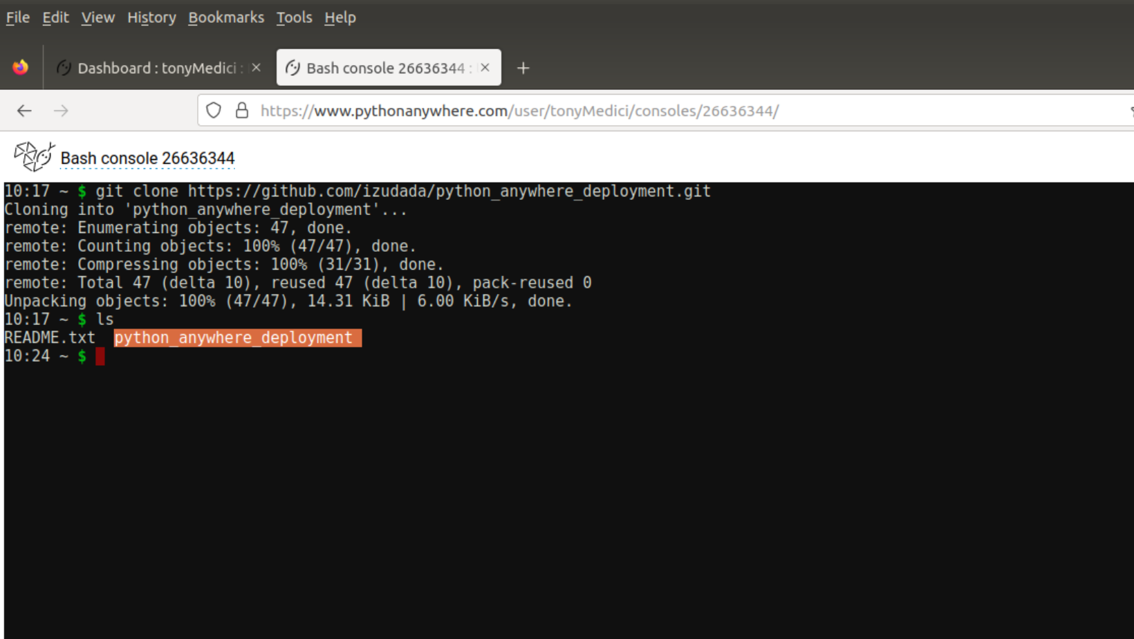 Screenshot of listing files on python anywhere console