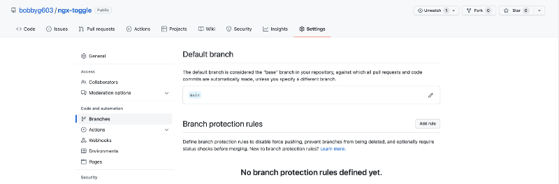 GitHub Branches Tab in Repo Settings