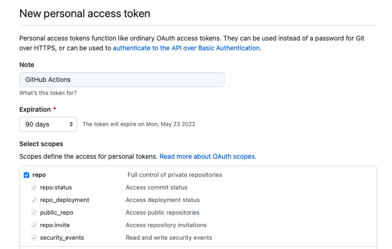 New Personal Access Token with Repo Scope