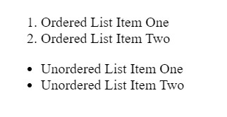 Output of Ordered list tag containing two list items and unordered list tag containing two list items