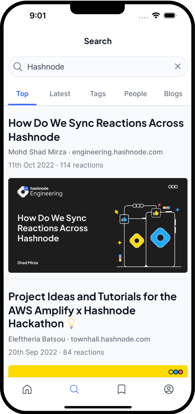 Hashnode mobile app explore feature