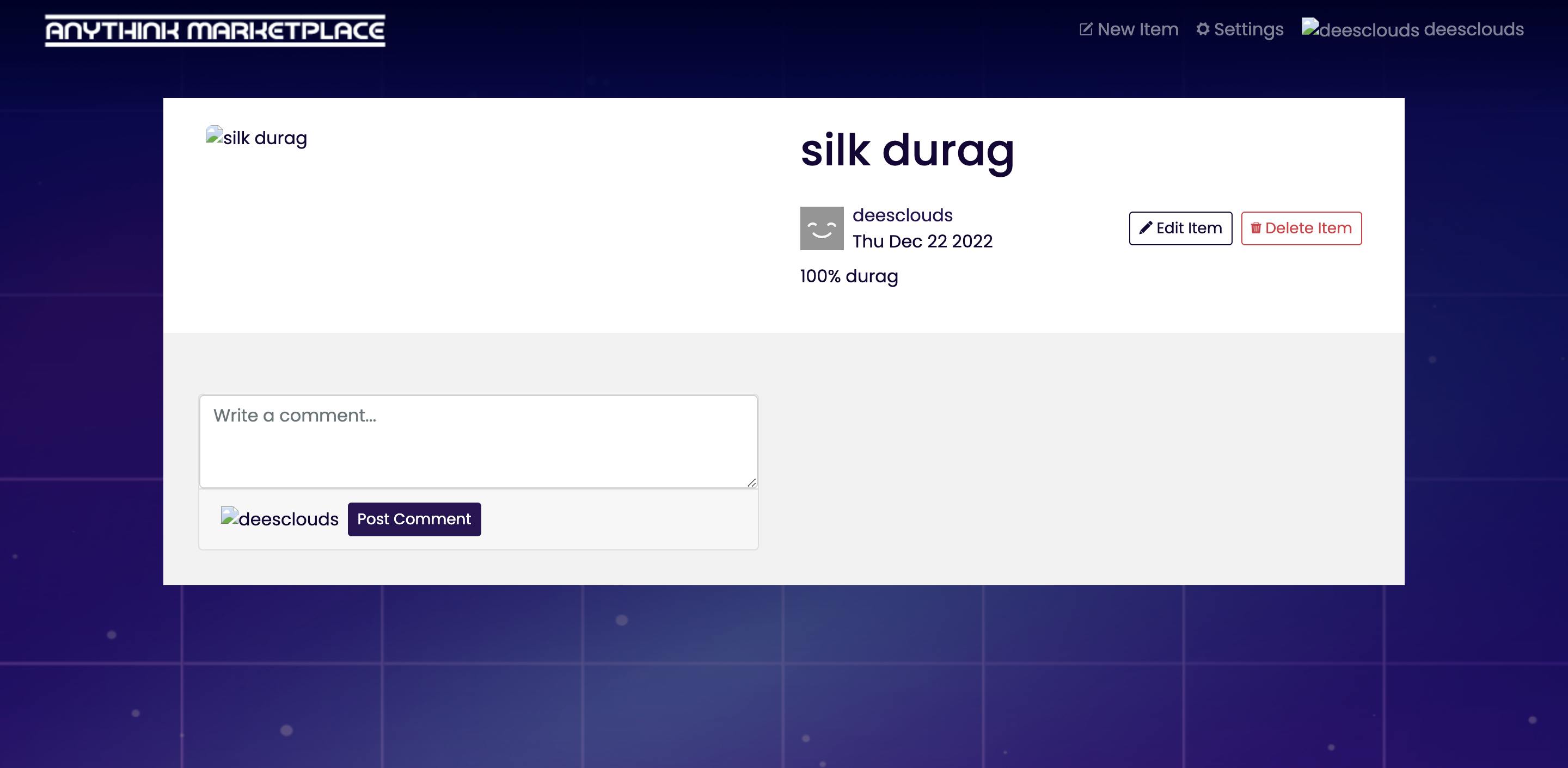 Image of Anythink Marketplace with silk durag and broken image