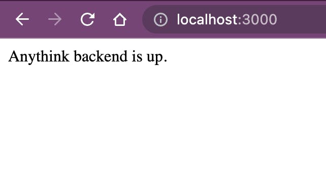 image of browswer at localhost:3000 displaying text that reads: Anythink backend is up
