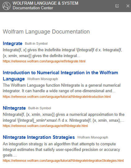Documentation List of the Integrate Function in Wolfram Mathematica.