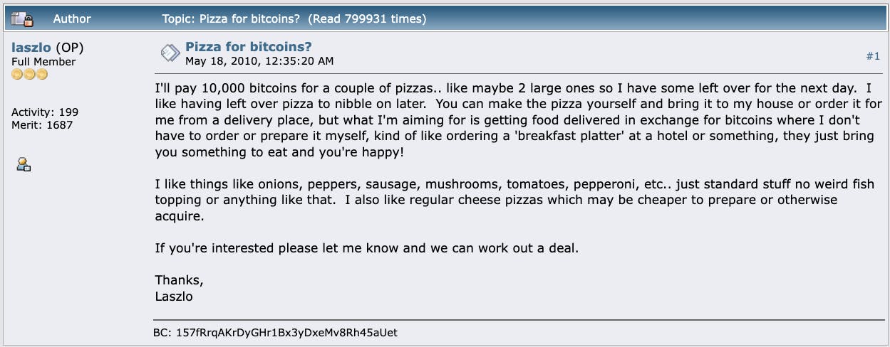 "Pizza for bitcoins?" Bitcoin talk topic screenshot