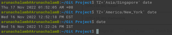 Terminal command showing time across different timezones
