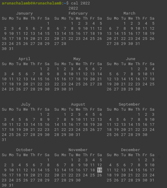 Terminal command showing 2022 calendar year