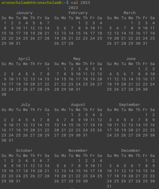 Terminal command showing 2023 calendar year