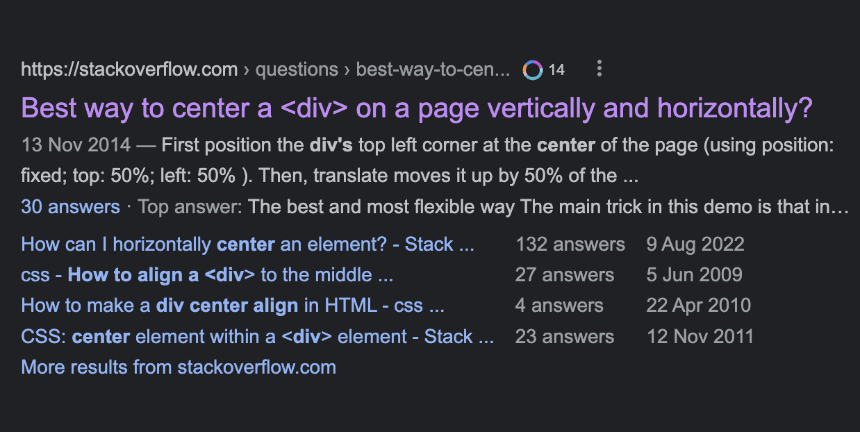 A purple link that questions: "Best way to center a <div> on a page vertically and horizontally?"
