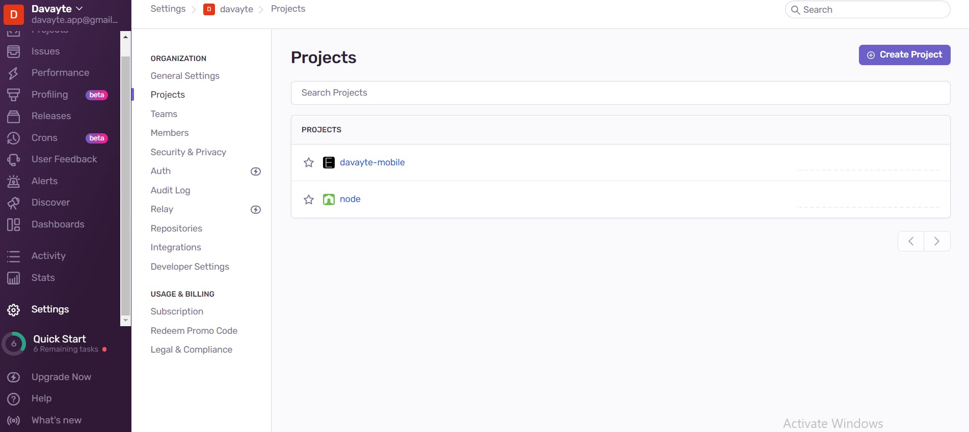 The dashboard on sentry.io that shows where the user can readily create a project