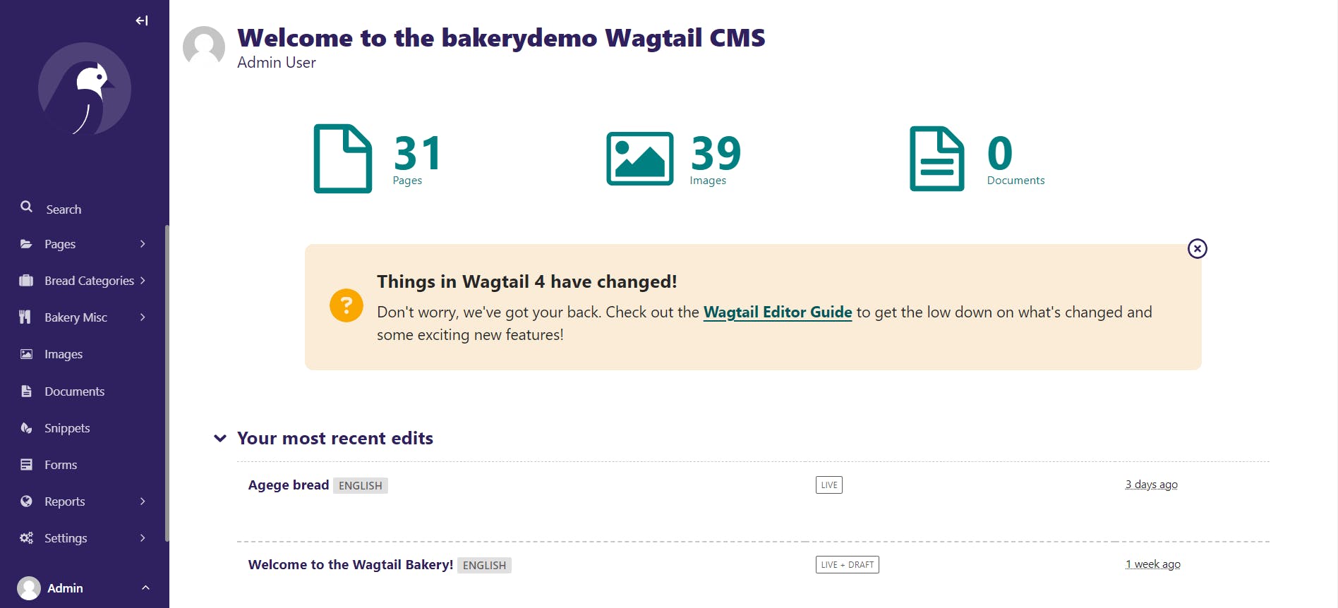 The wagtail admin interface