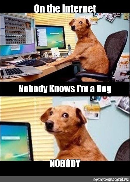 meme of a dog saying "on the internet, nobody knows I'm a dog..... nobody."