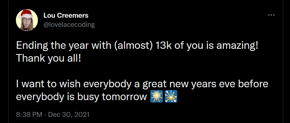 Last tweet of Lou Creemers in 2021. It says 'Ending this year with almost 13k of you is amazing! Thank you all!''