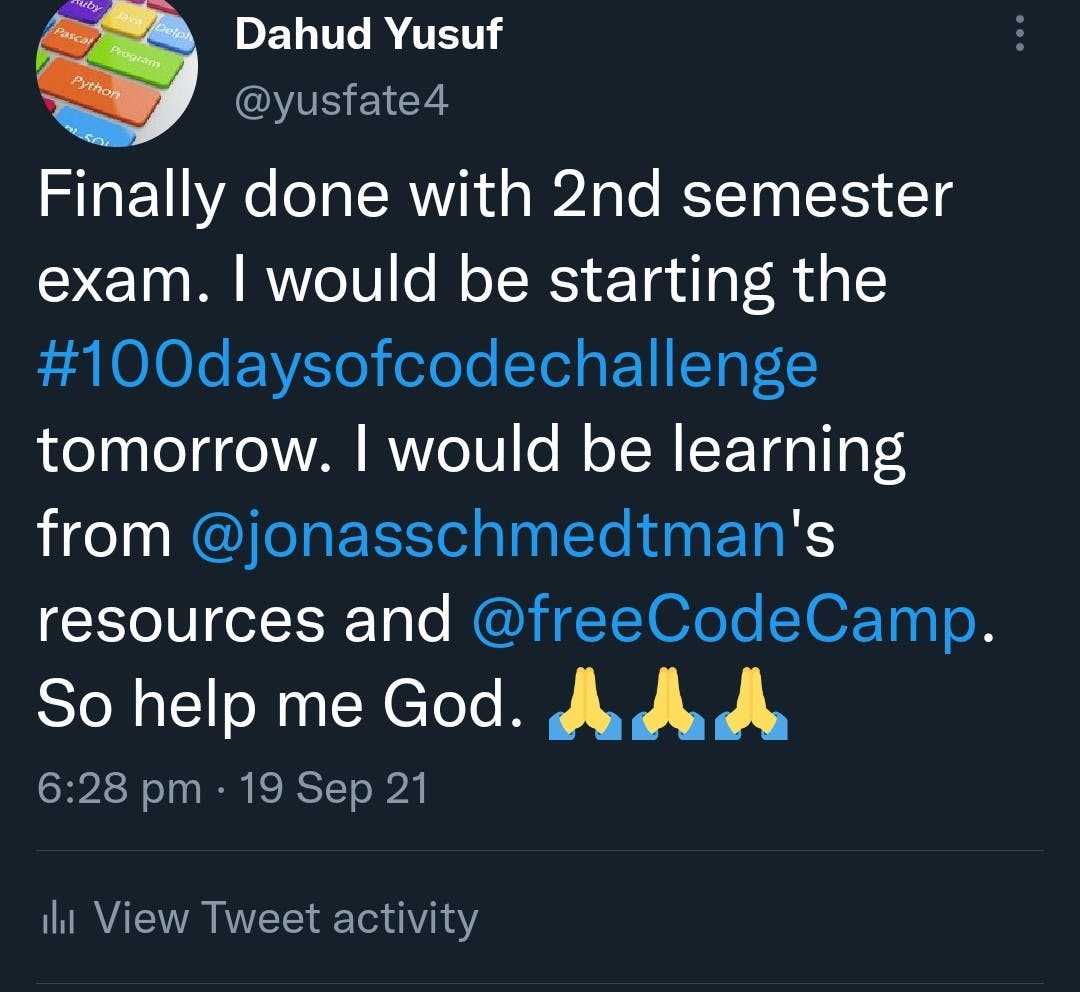 Here was the first post I tweeted before the commencement of the challenge.