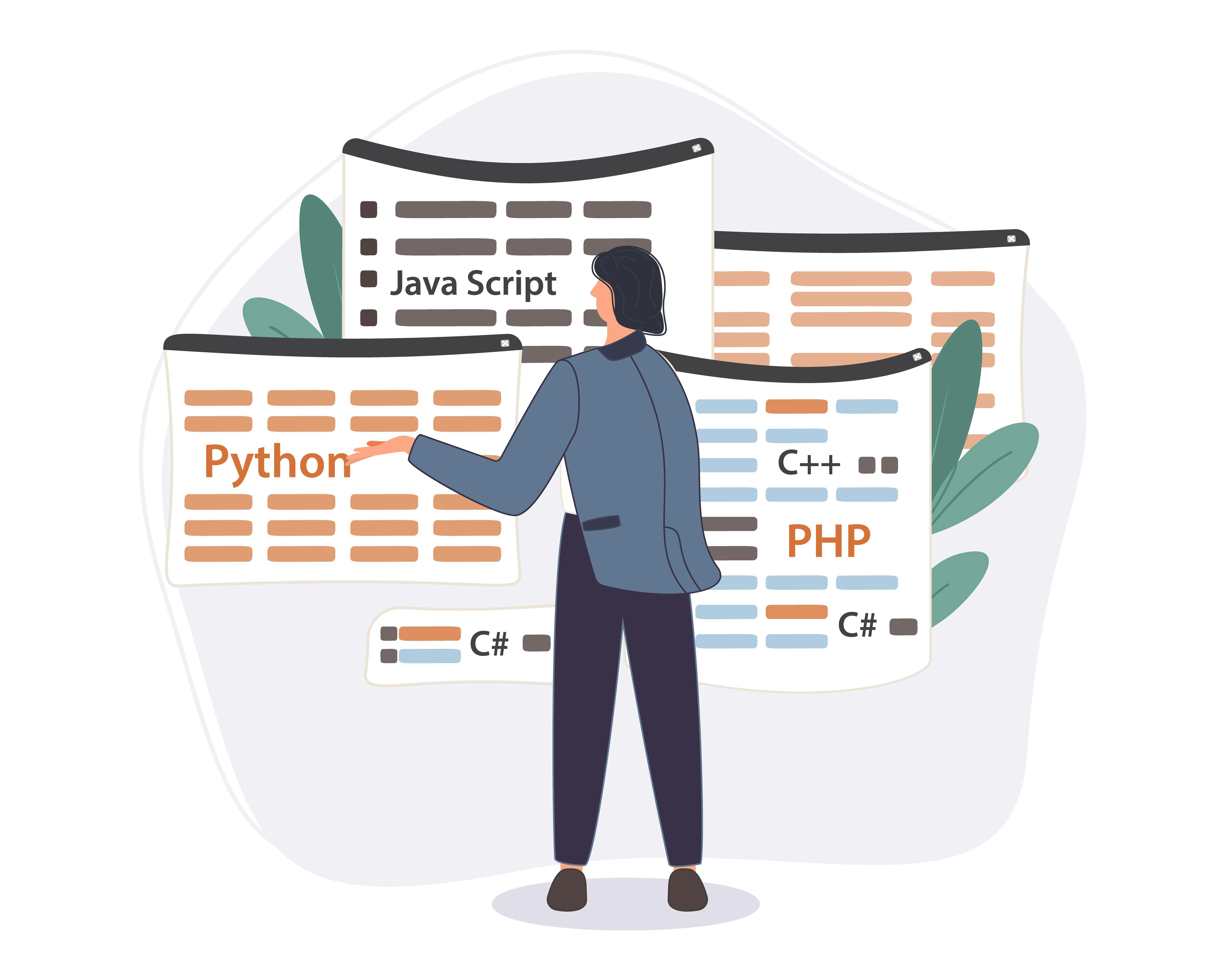 <a href="https://www.freepik.com/free-vector/programmer-working-web-development-code-engineer-programming-python-php-java-script-computer_14723889.htm#query=programming%20languages&position=20&from_view=search&track=sph">Image by svstudioart</a> on Freepik