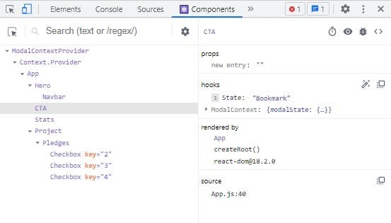 An image of the react devtools displaying different components and sub-components for a react application
