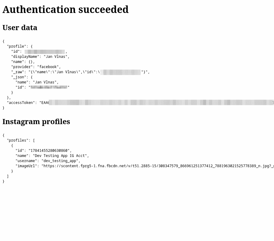 Screen from the example application with a header Authentication succeeded. Below the heading there are User data with user's display name, ID, and access token, and Instagram profiles with profile's ID, name, username, and avatar image URL.