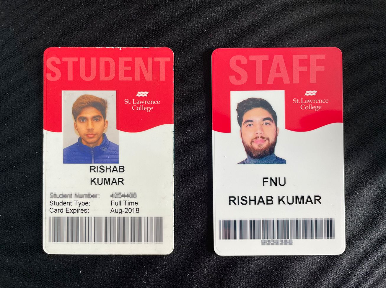 My student ID and Staff badge at the same college, student in 2018 and staff in 2022
