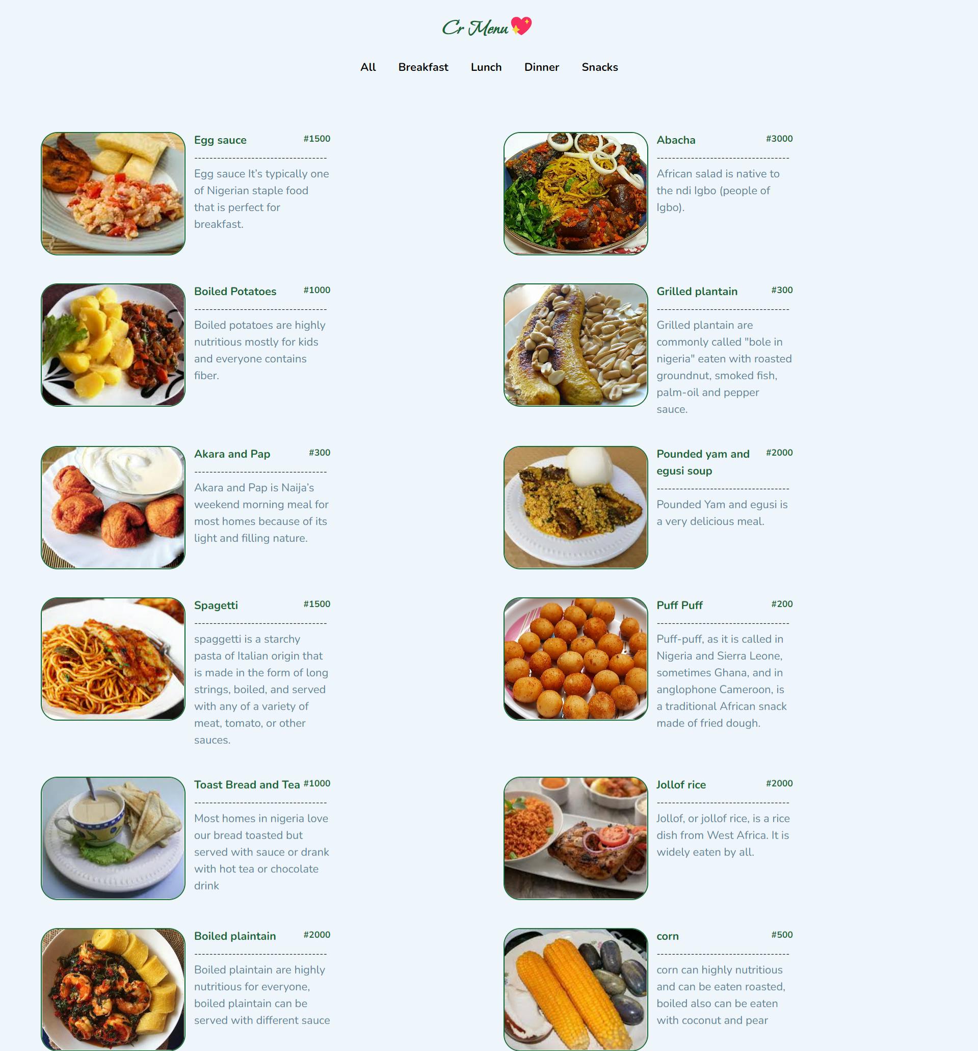 all the meals displayed at Home.jsx file