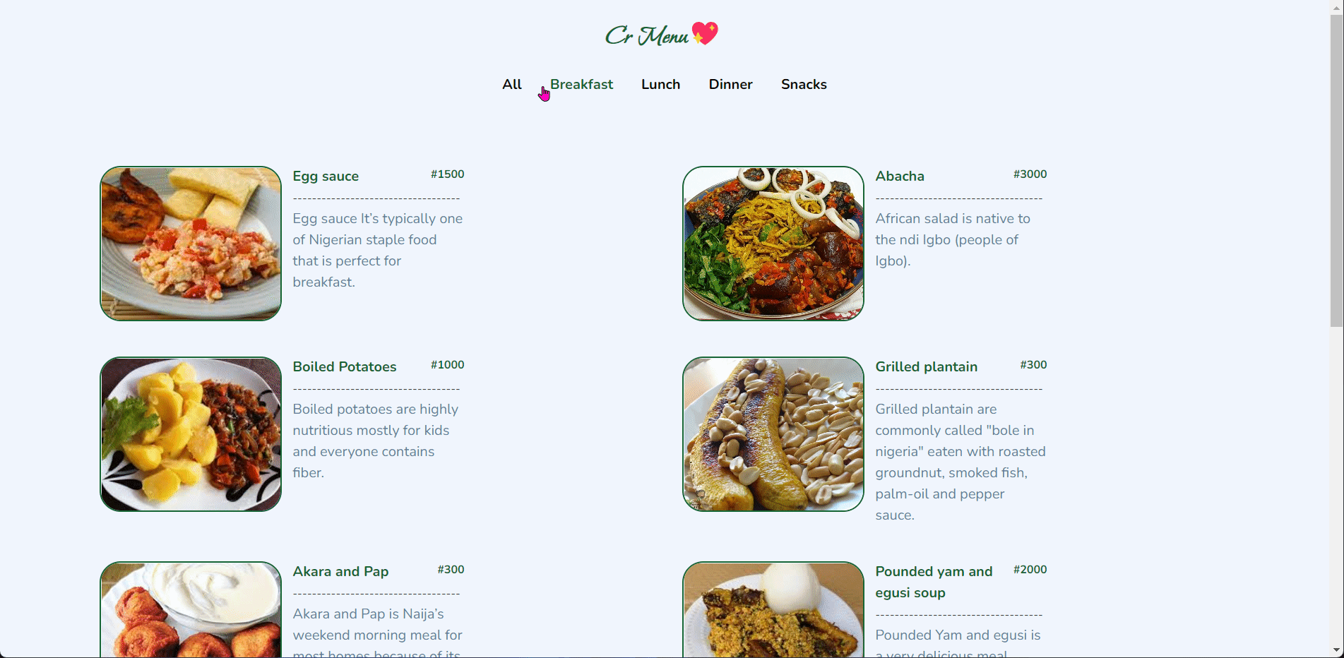 A webpage displaying the meals based on categories