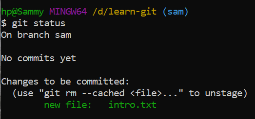 git status will show intro.txt as green