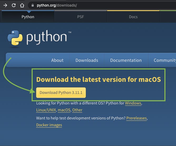 Imagem exibindo parte do site com o botão para fazer download do interpretador Python