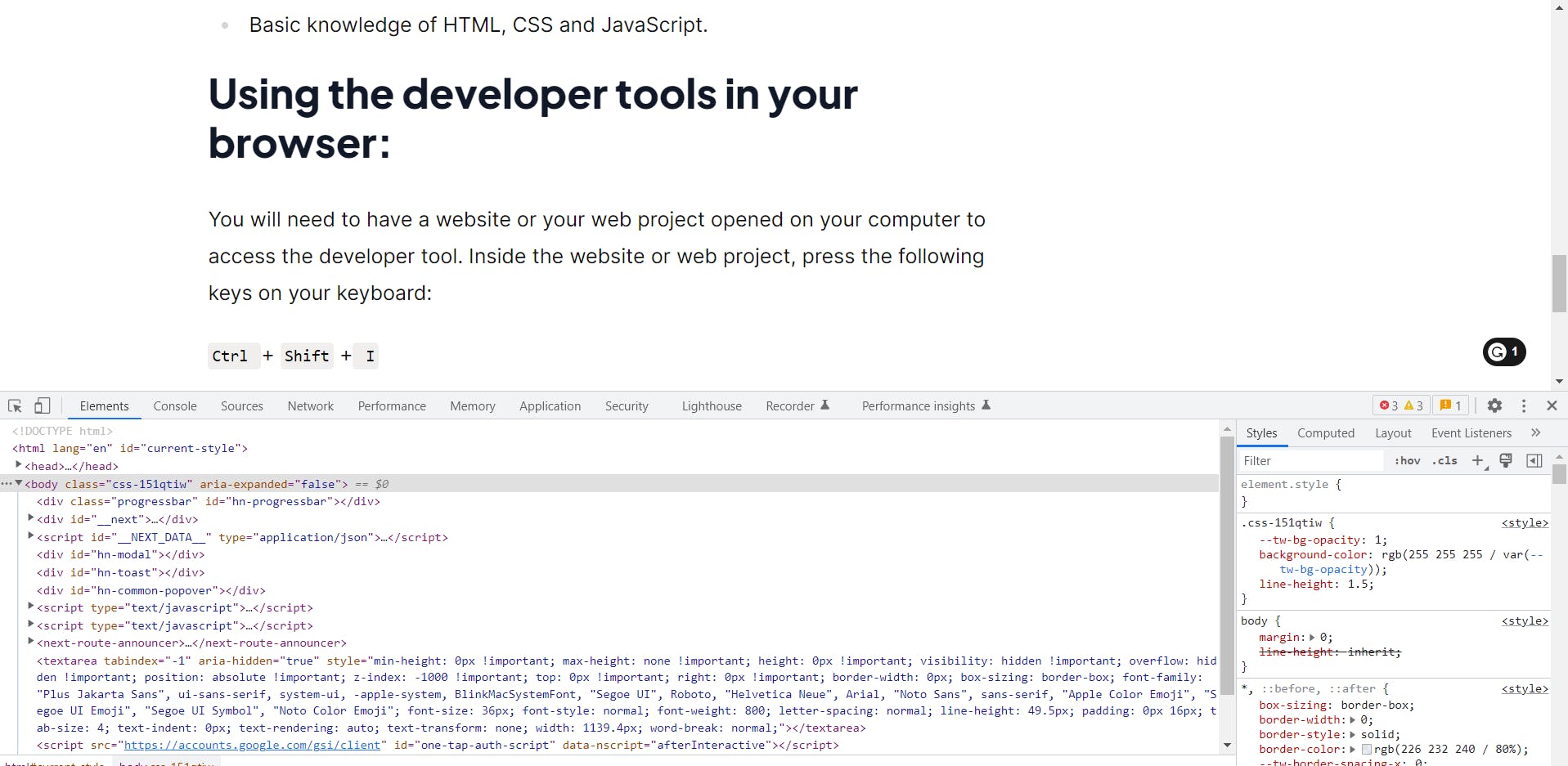 The developer tool opened on a web page. 