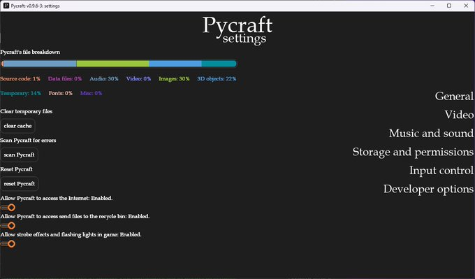 Pycraft's storage and permissions menu