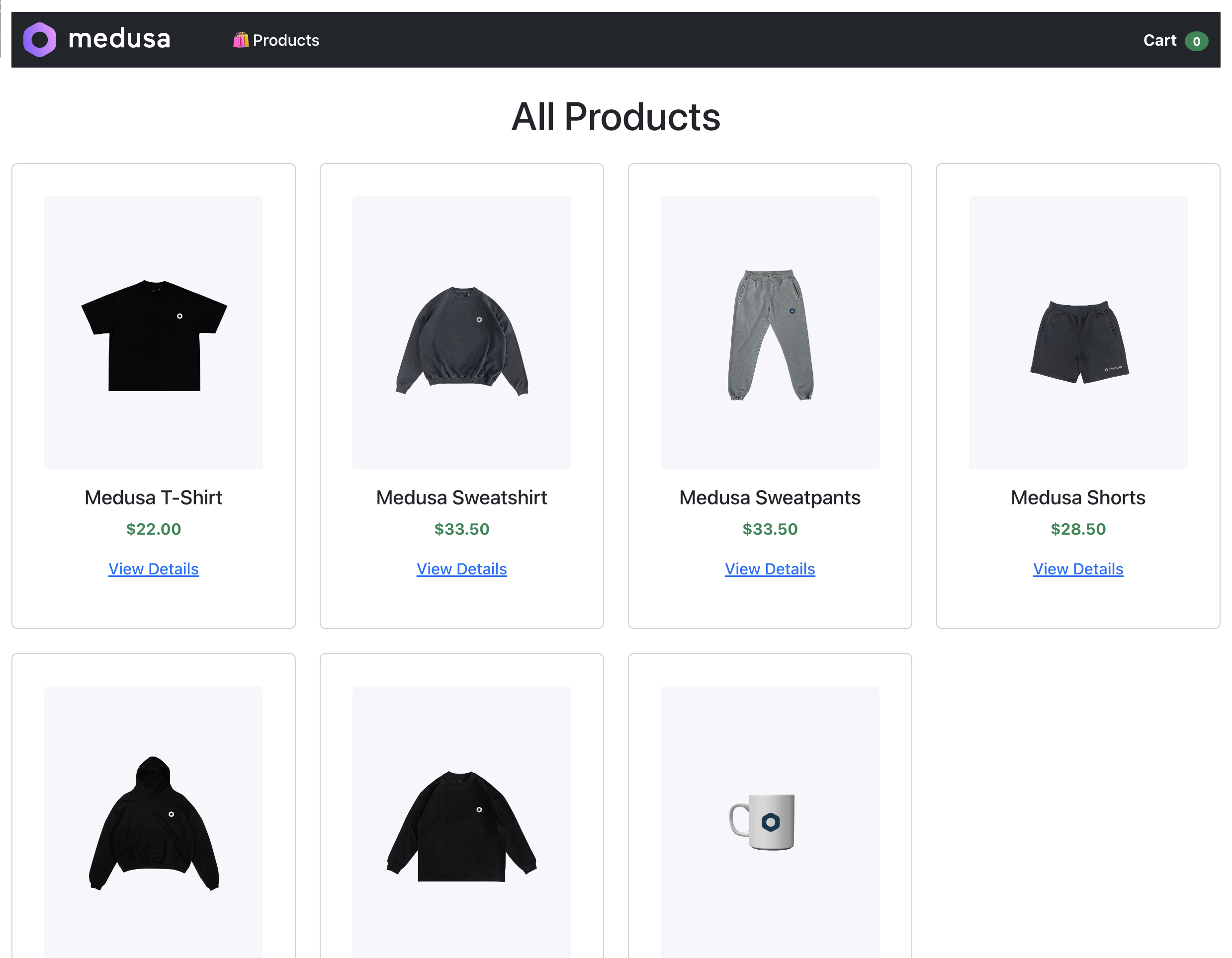 List of all products on the home page