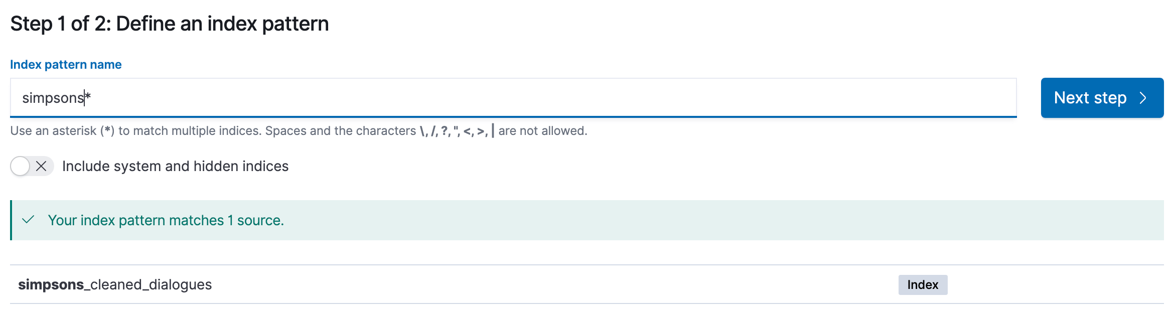 OpenSearch Index pattern screen showing the simpsons\_cleaned\_dialogues index