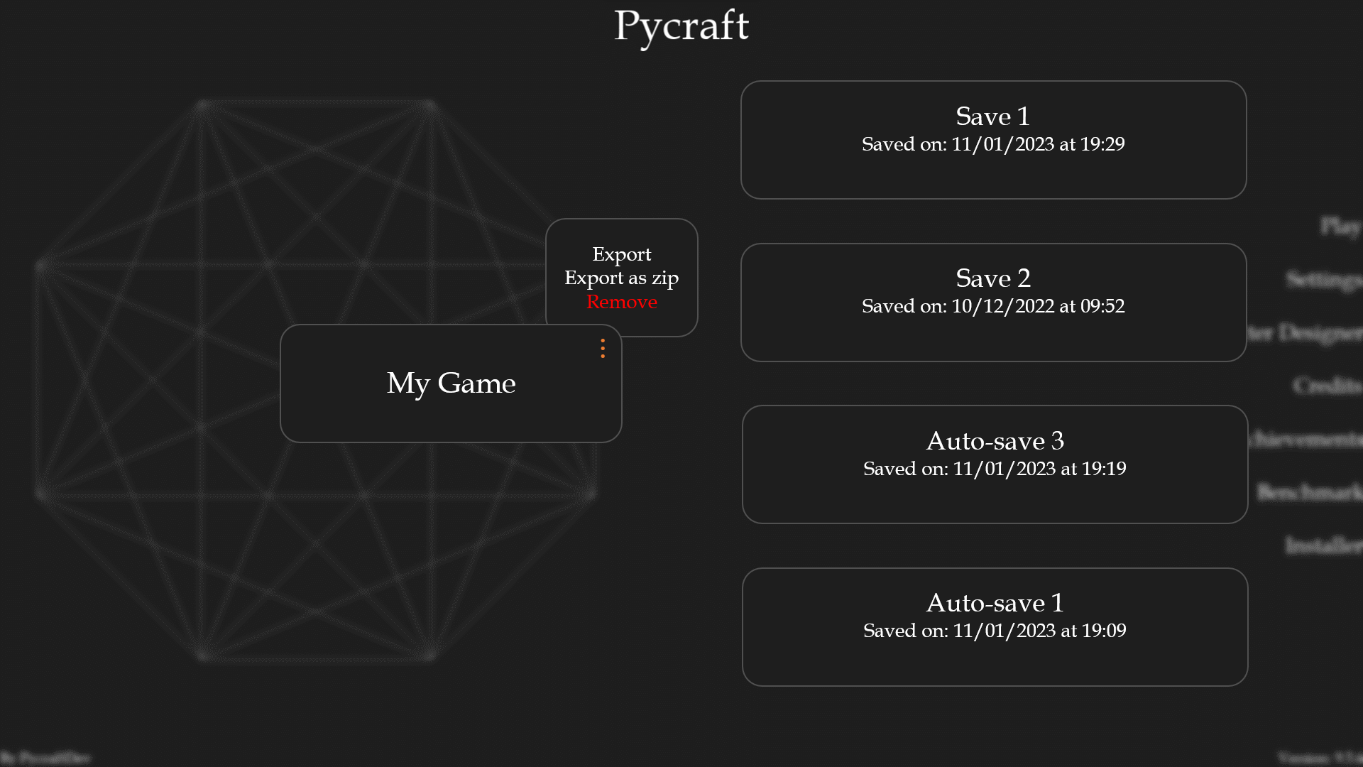 Pycraft's new save selection screen now with a small context menu