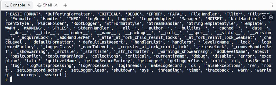 console result when print(dir(logging)) is run