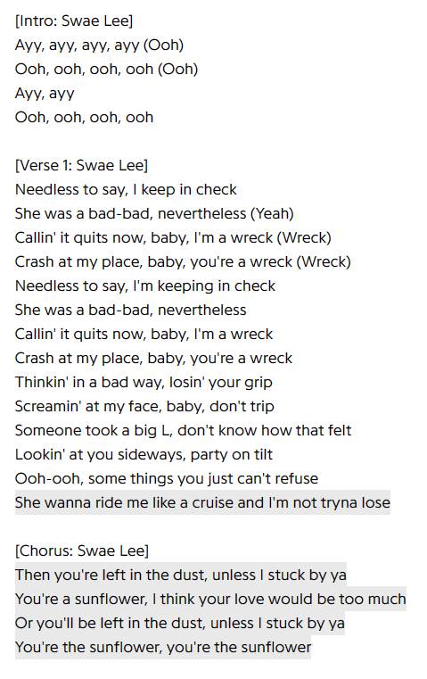Lyrics of "Sunflower" by Post Malone & Swae Lee, from genius.com