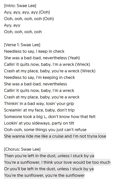Lyrics of "Sunflower" by Post Malone & Swae Lee, from genius.com