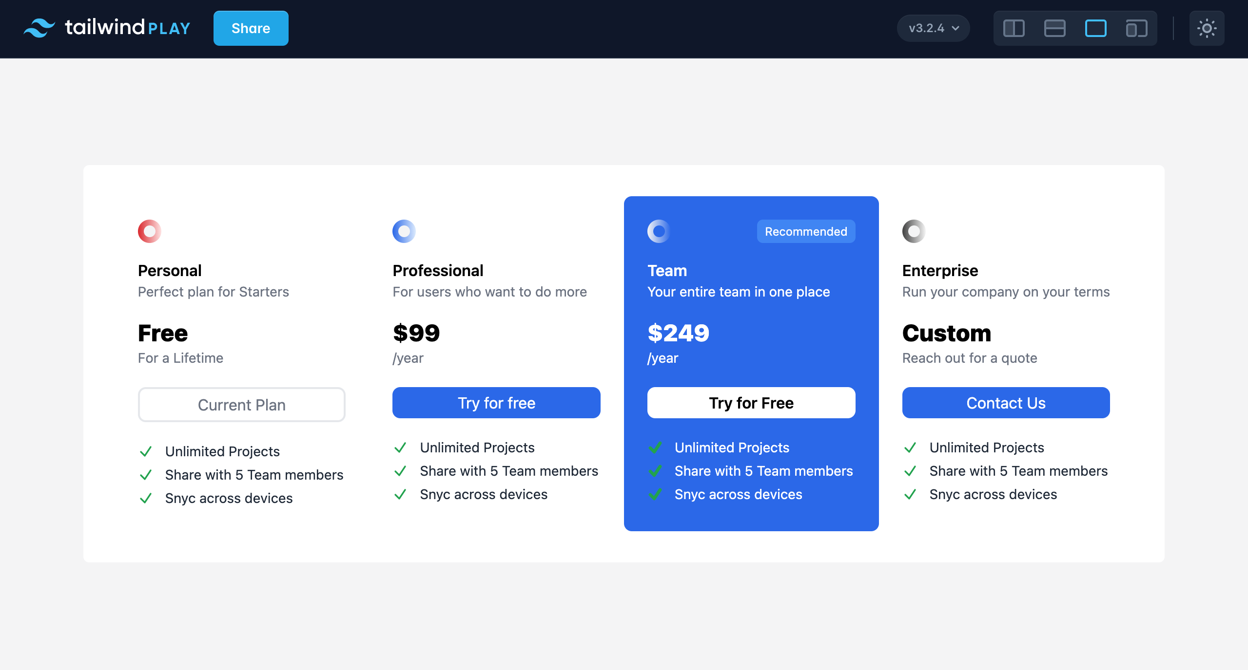Responsive Pricing Table made using Tailwind CSS